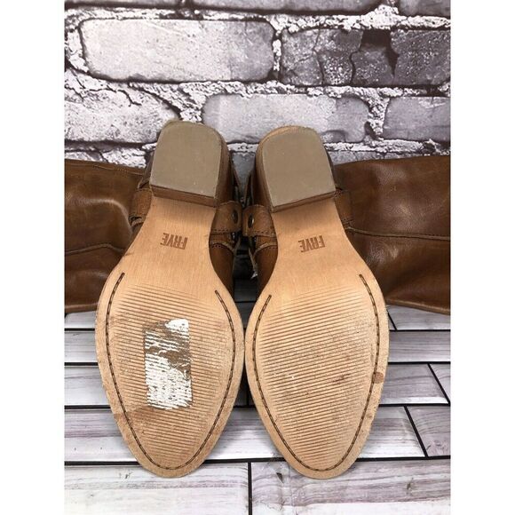 Frye Tan Brown Leather Harness Side Zipper Heel Boots Women Sz 6M US/37EU - Picture 5 of 15